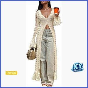 Crochet Hollow Out Knit Sweater Maxi Cardigan Long Sleeve Button Down